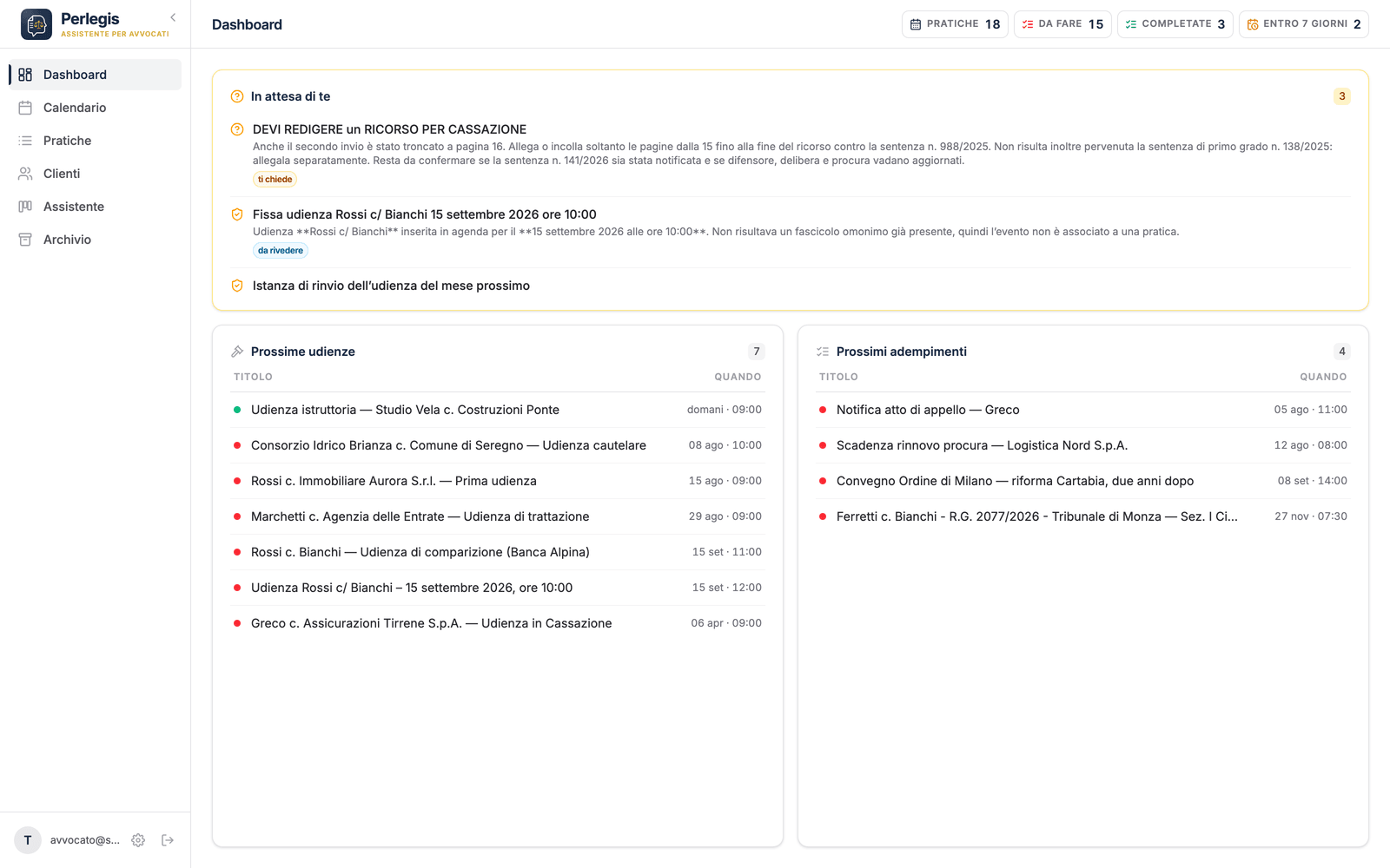 La dashboard di Perlegis con le prossime udienze, gli adempimenti in scadenza e le proposte dell’assistente