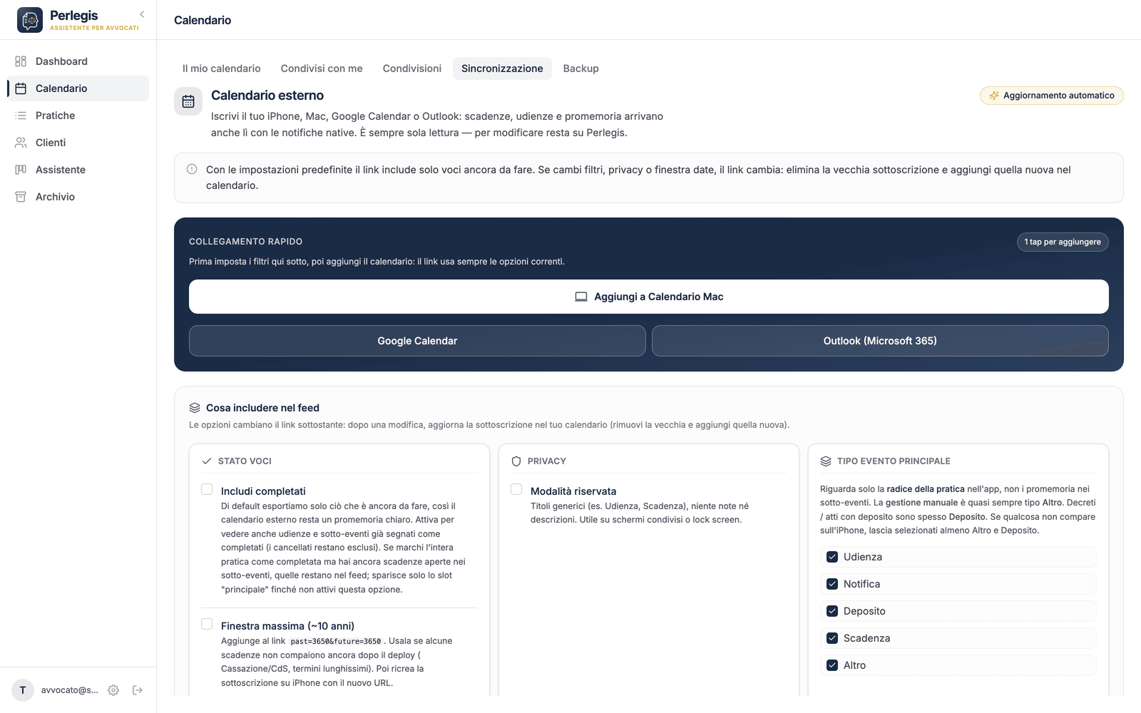 La schermata di sincronizzazione di Perlegis con i pulsanti per Calendario Mac, Google Calendar e Outlook